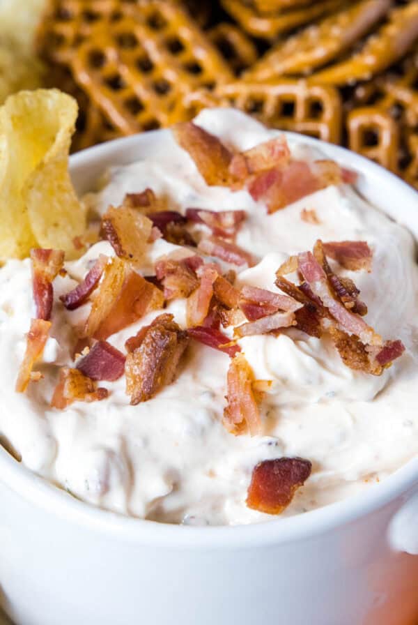 cropped close up chipotle bacon ranch dip in bowl