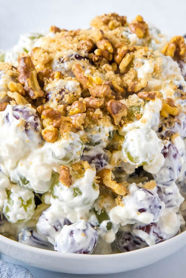 close up grape salad in serving bowl