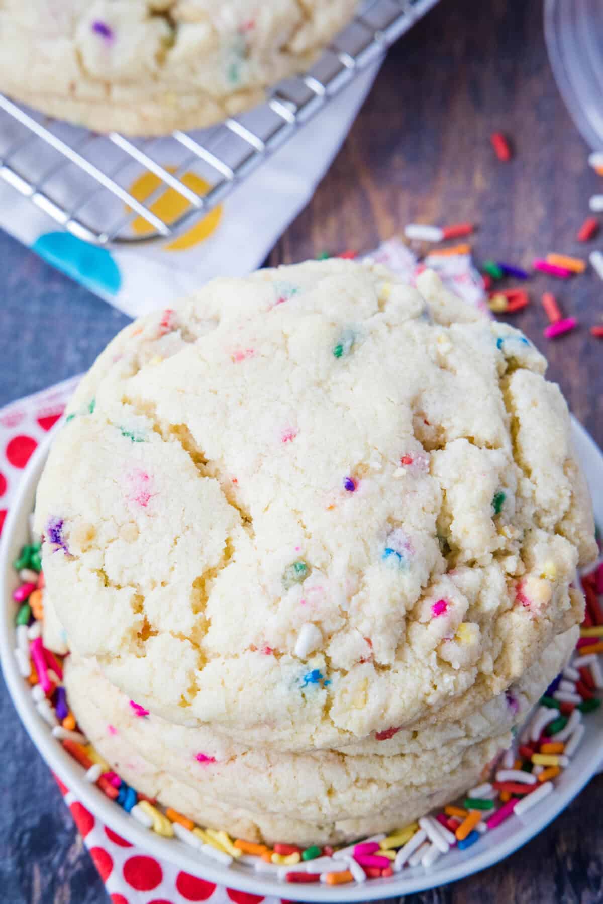 looking down on stack of confetti cookies