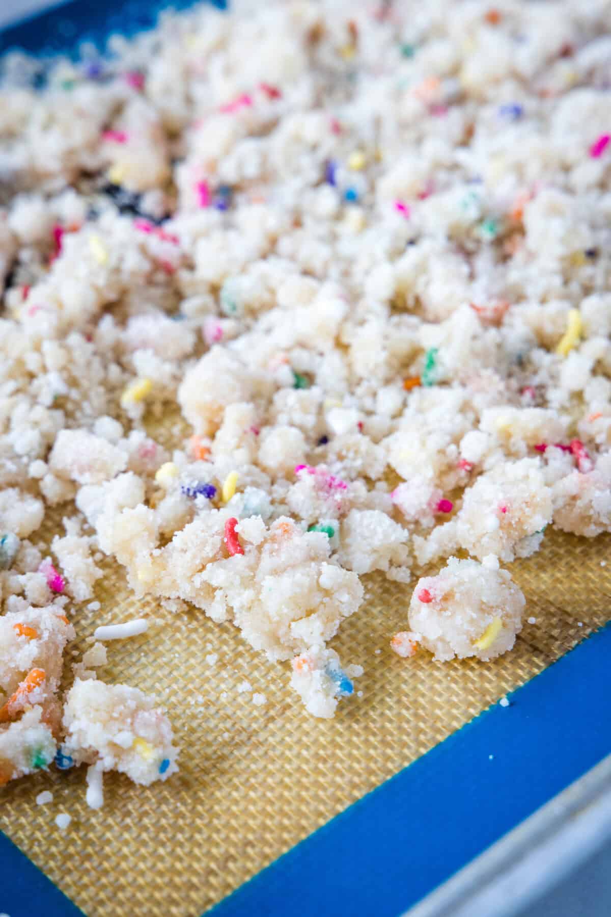 birthday cake crumb on baking sheet