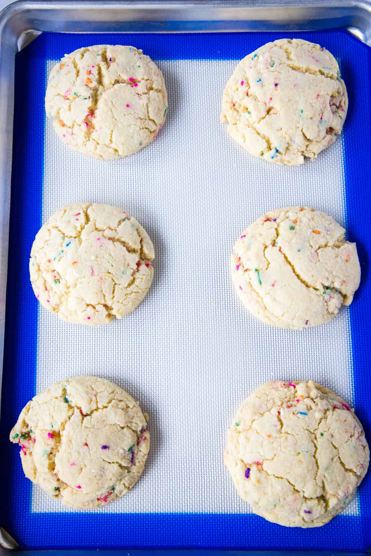 tray of milk bar confetti cookies baked