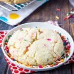 close up cake batter confetti cookie on a plate