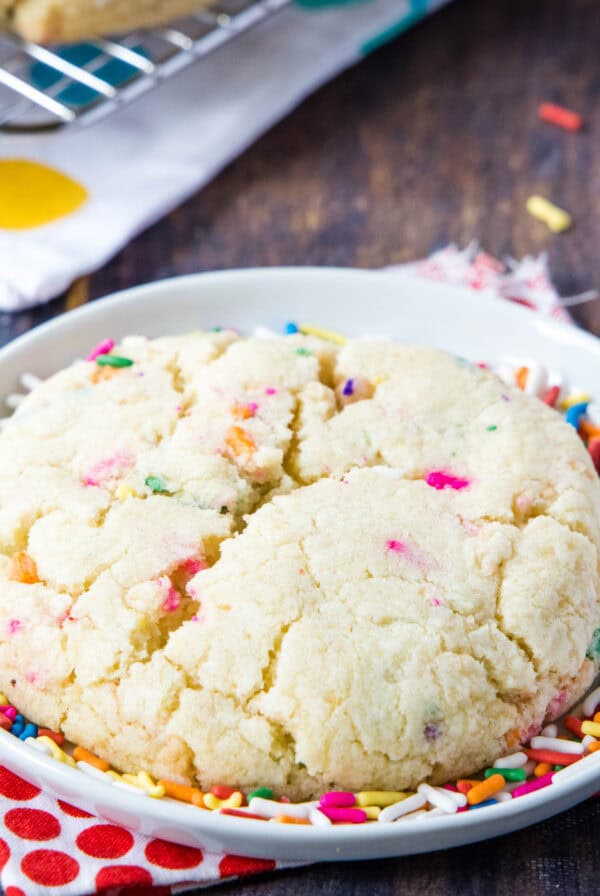 close up cake batter confetti cookie on a plate