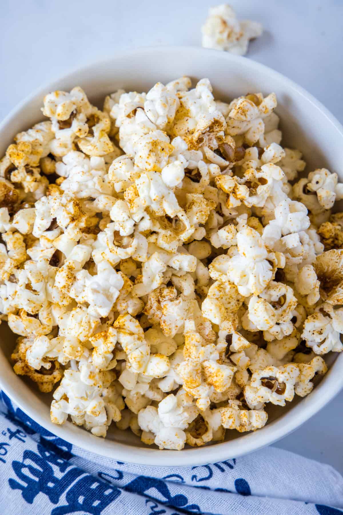 looking down on bowl of spicy popcorn