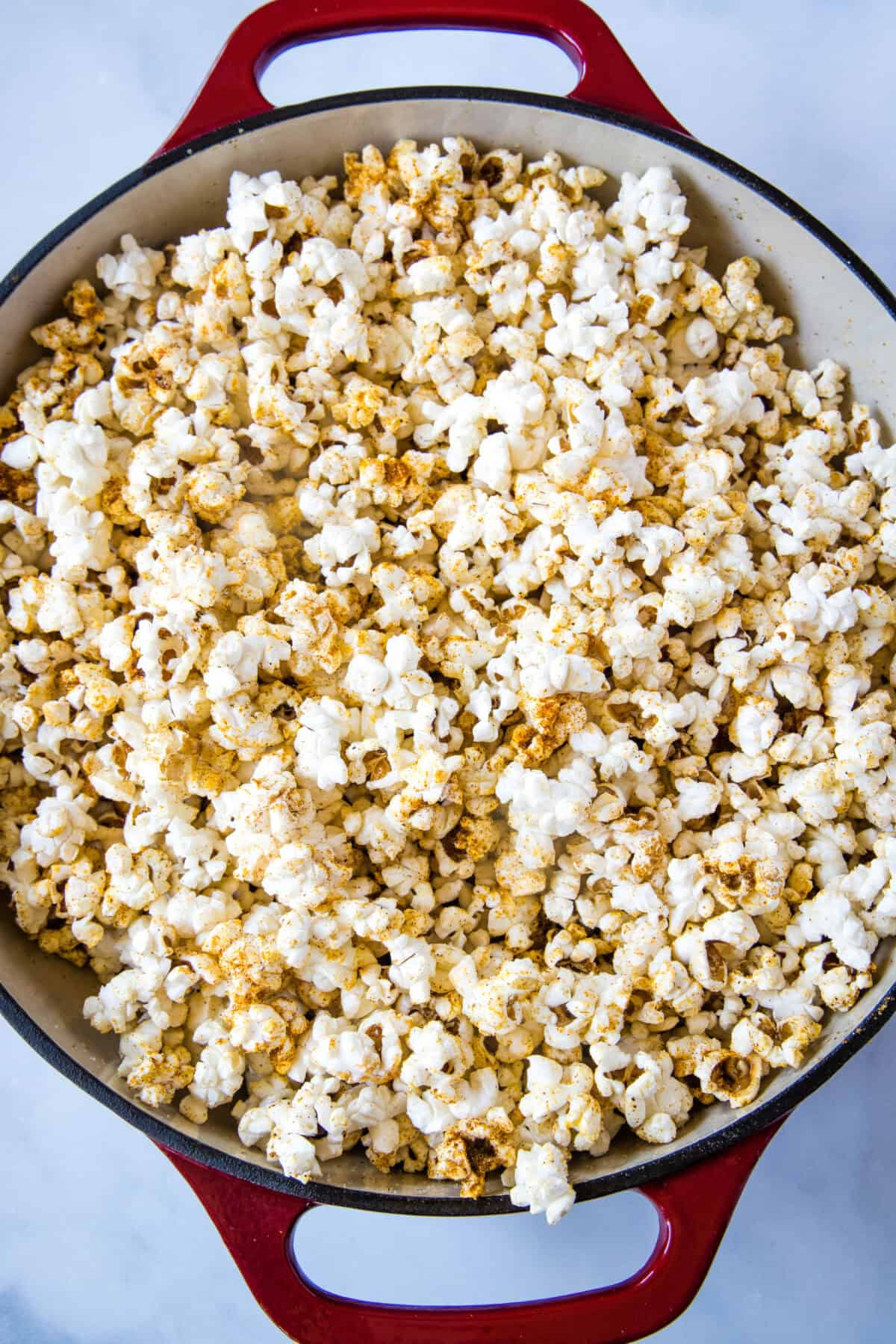 looking down on pan with spicy popcorn