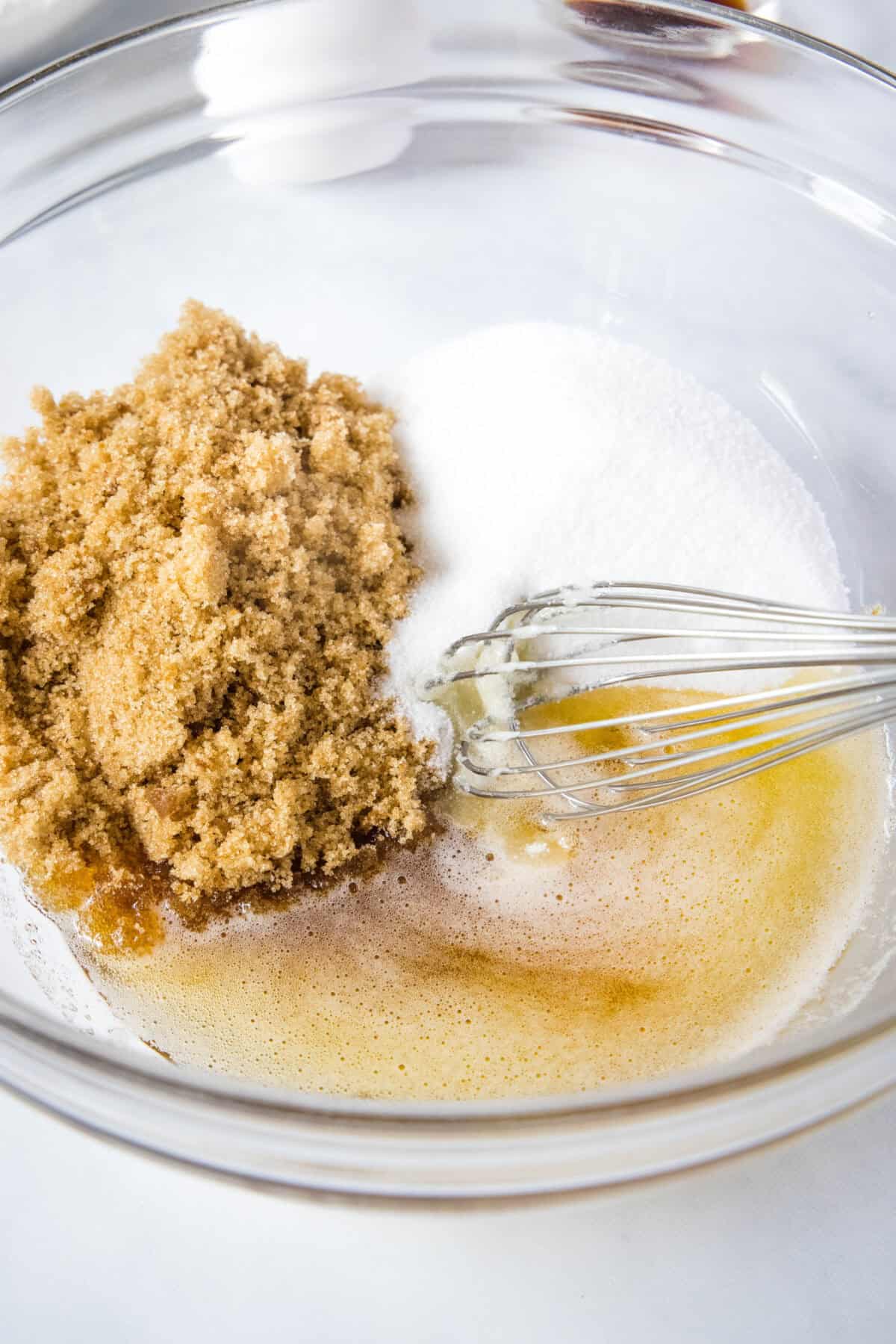 brown butter and sugars in mixing bowl