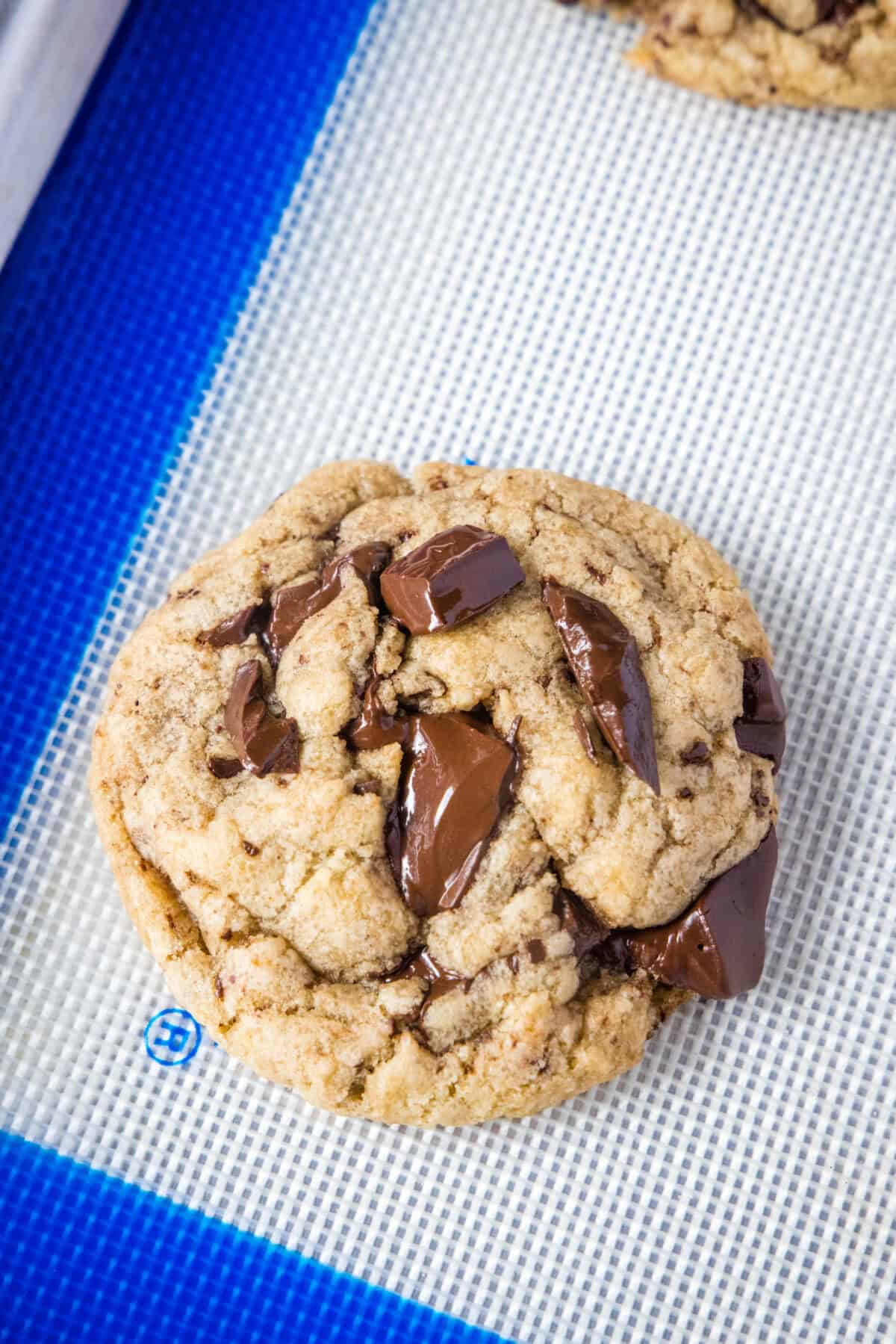 bakery style chocolate chip cookie on baking tray