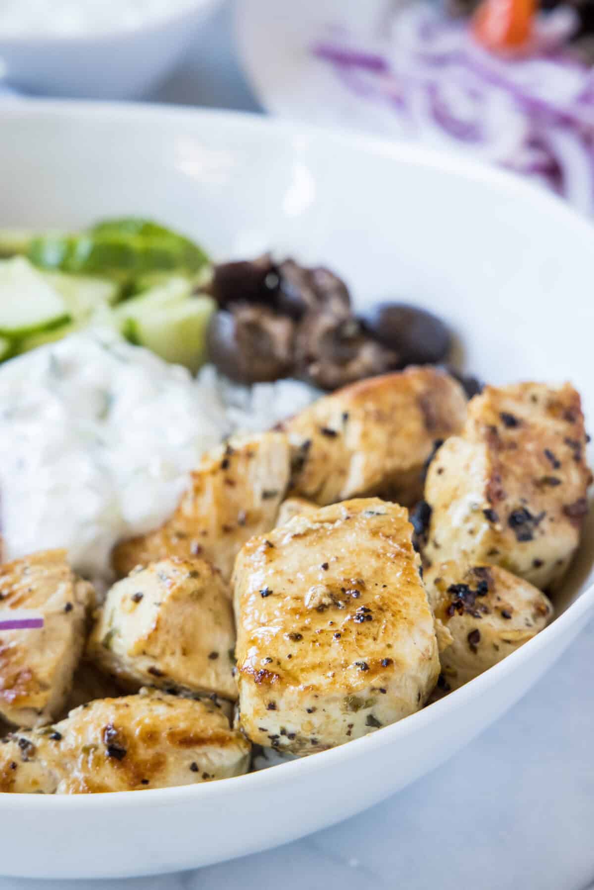 chicken gyro bowls in a white bowl