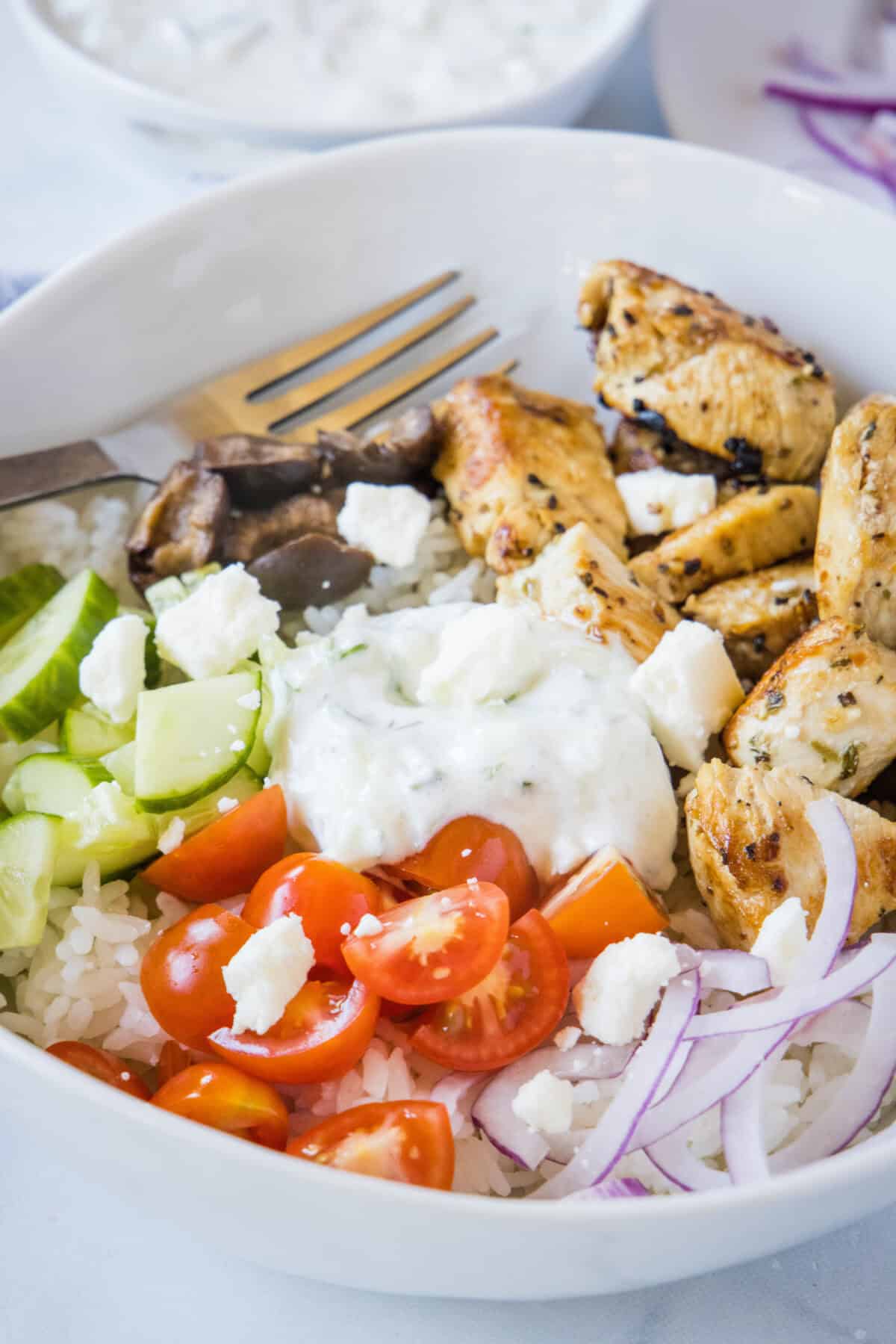 chicken gyro bowls in a bowl with a fork