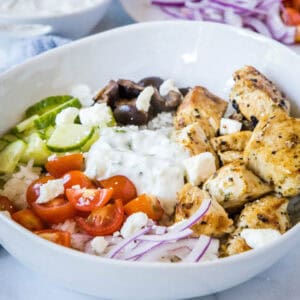 close up chicken gyro bowl