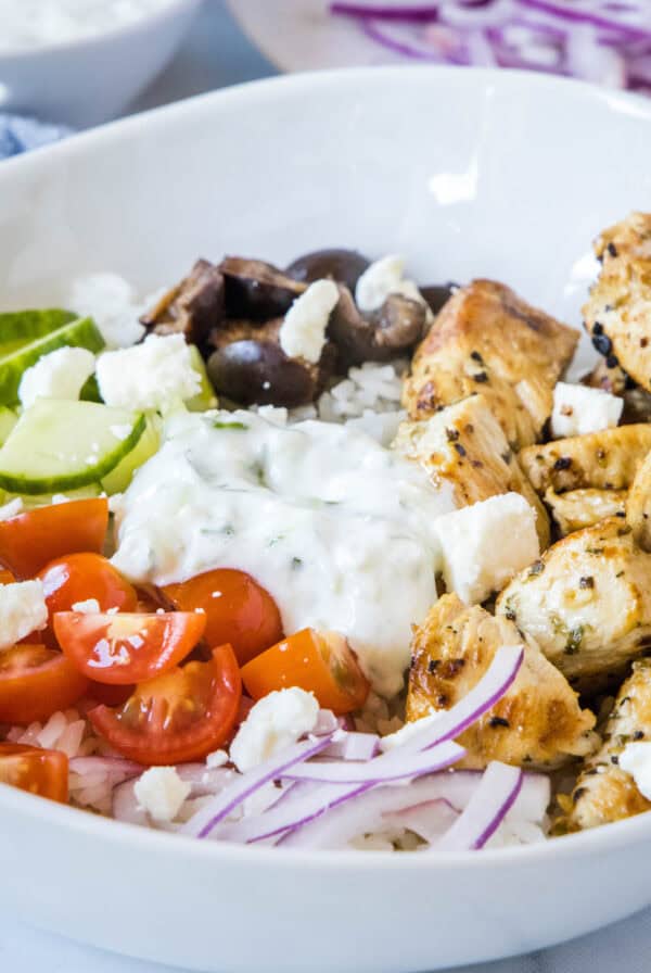close up chicken gyro bowl