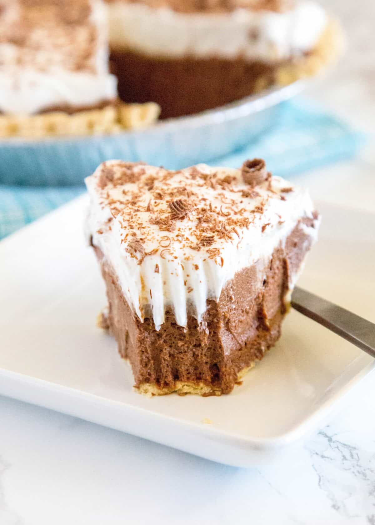 french silk pie with a bite missing