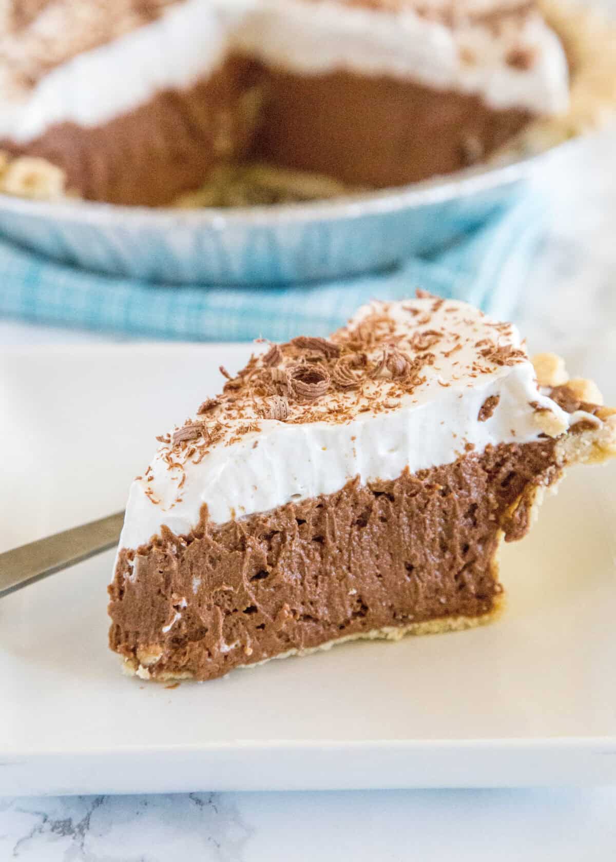 French Silk Pie slice of french silk pie on a plate