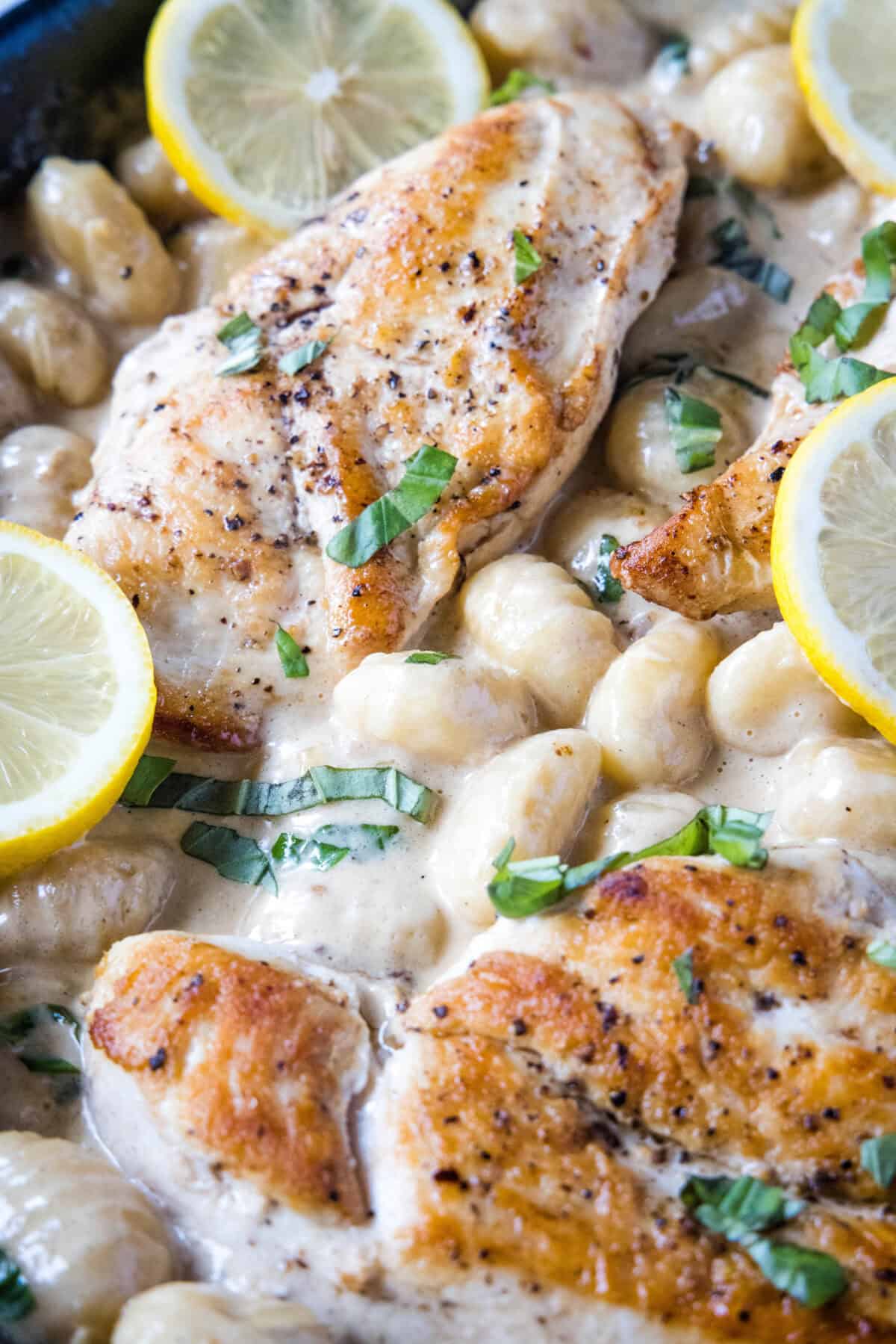 lemon chicken gnocchi in skillet
