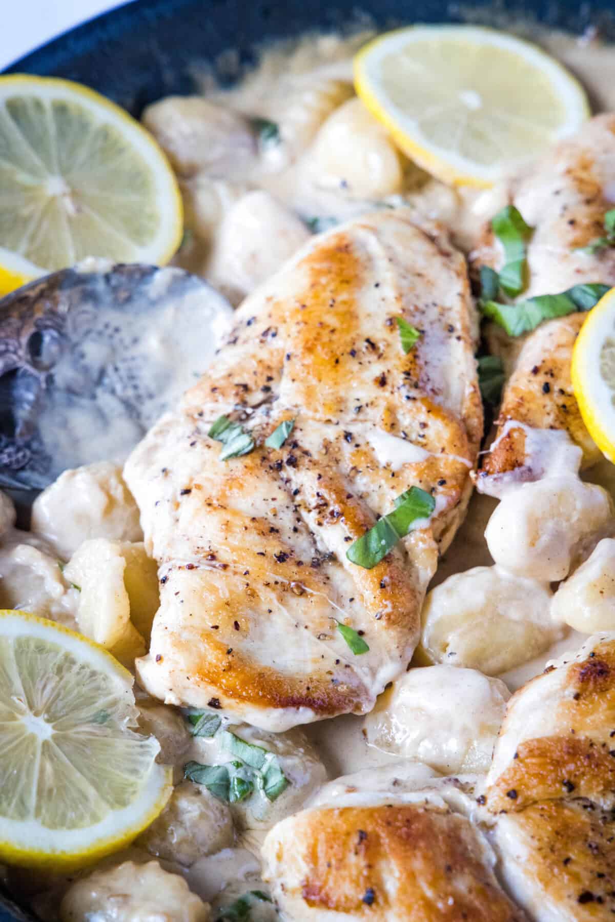 lemon chicken gnocchi in skillet