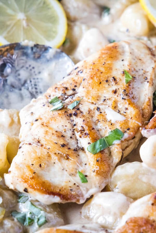 cropped close up lemon chicken gnocchi in pan