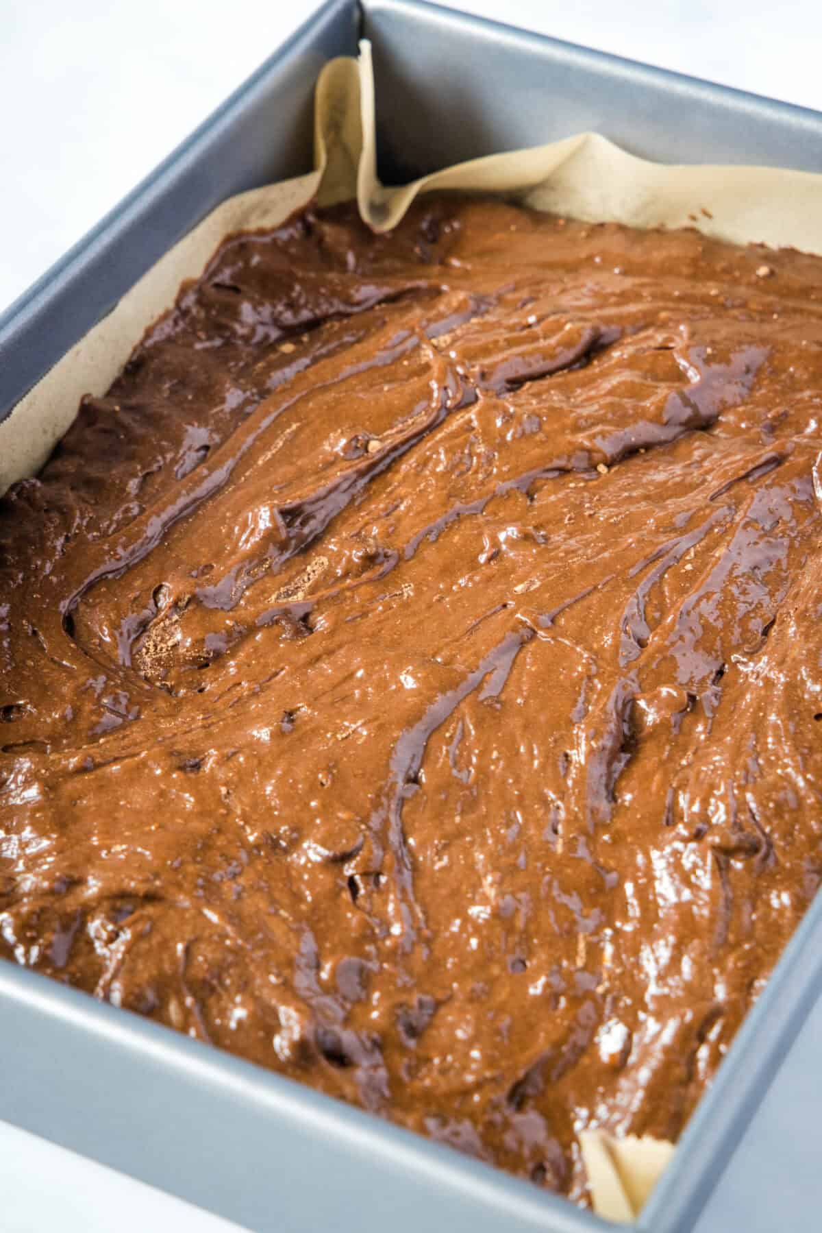 brownie batter in baking pan