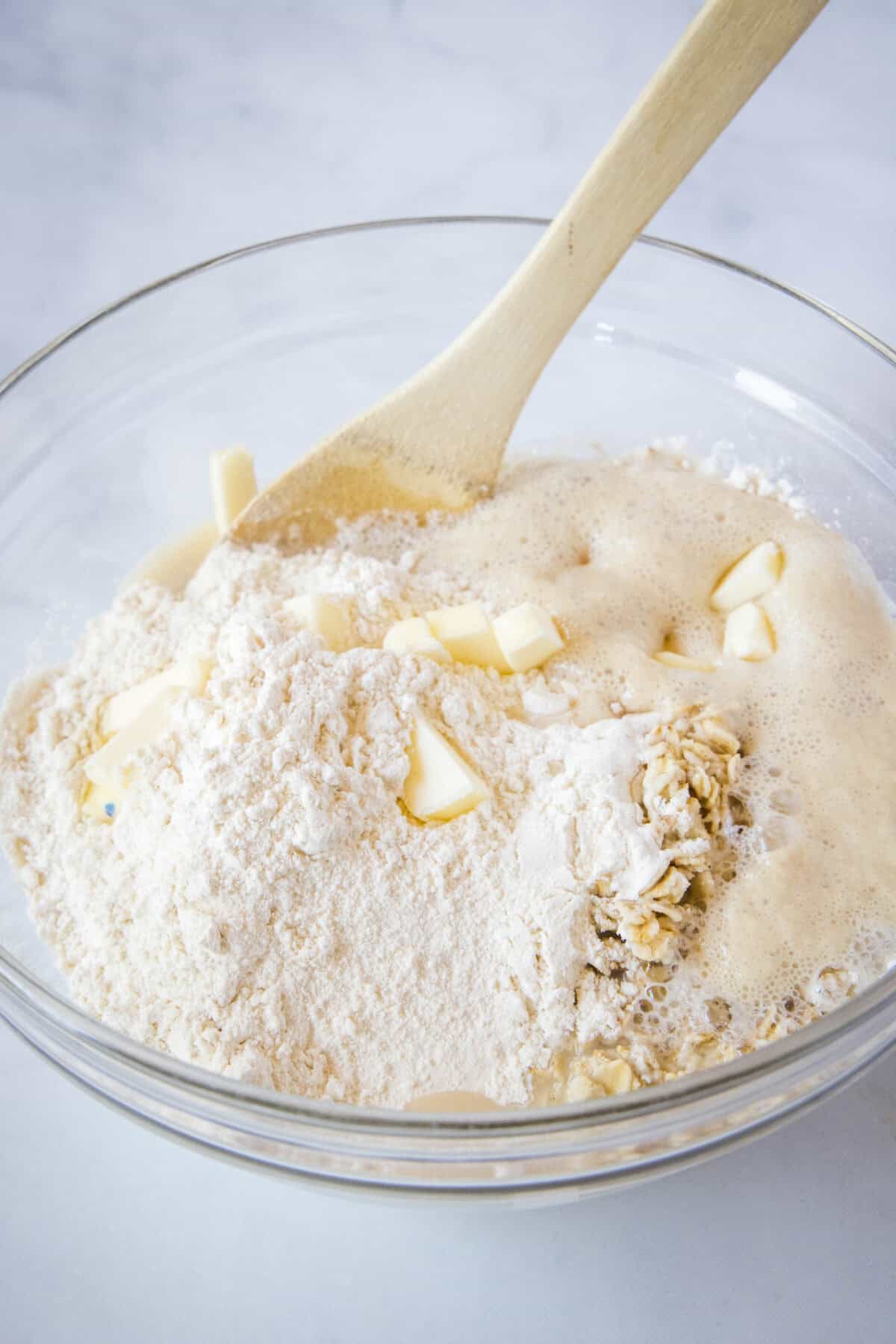 oatmeal bread dough ingredients in mixing bowl
