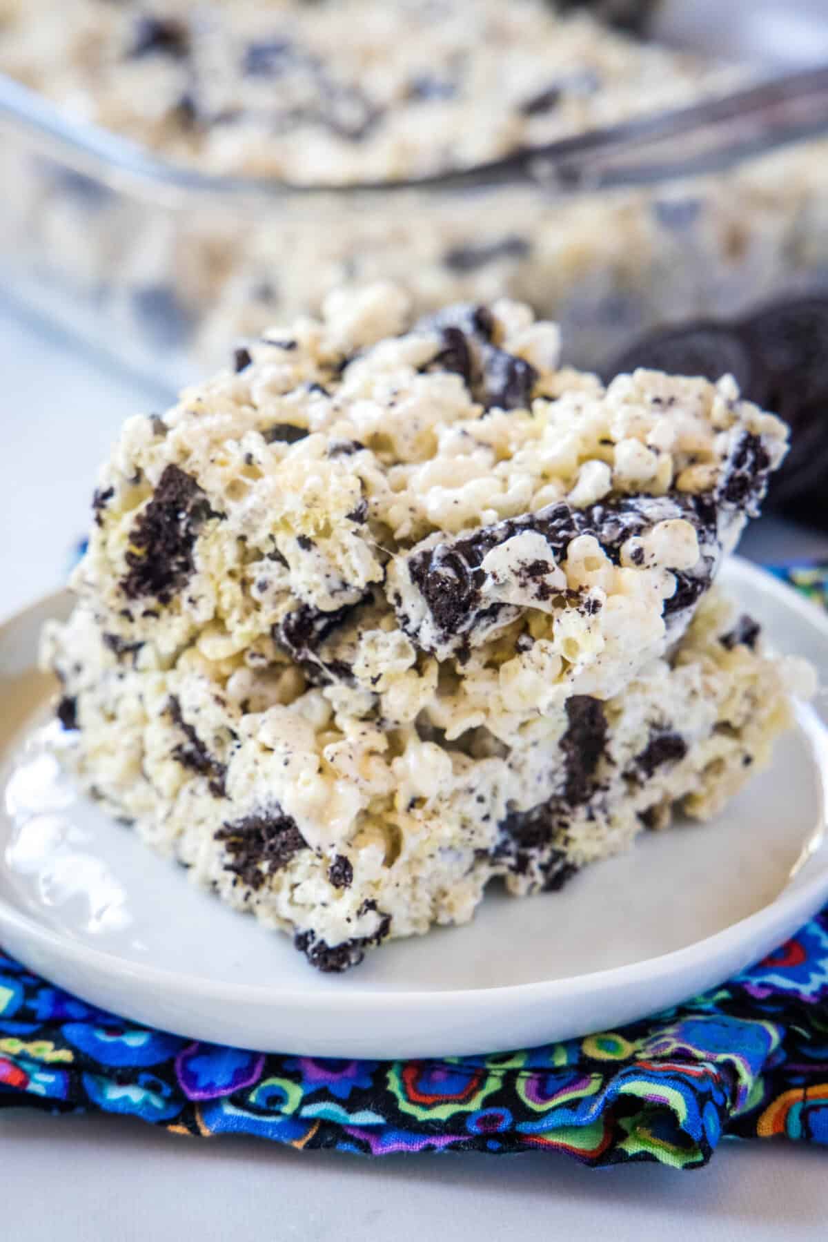 stacked oreo krispie treats on a plate