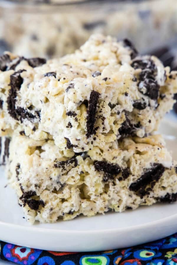 cropped close up oroe krispie treats stacked on a plate