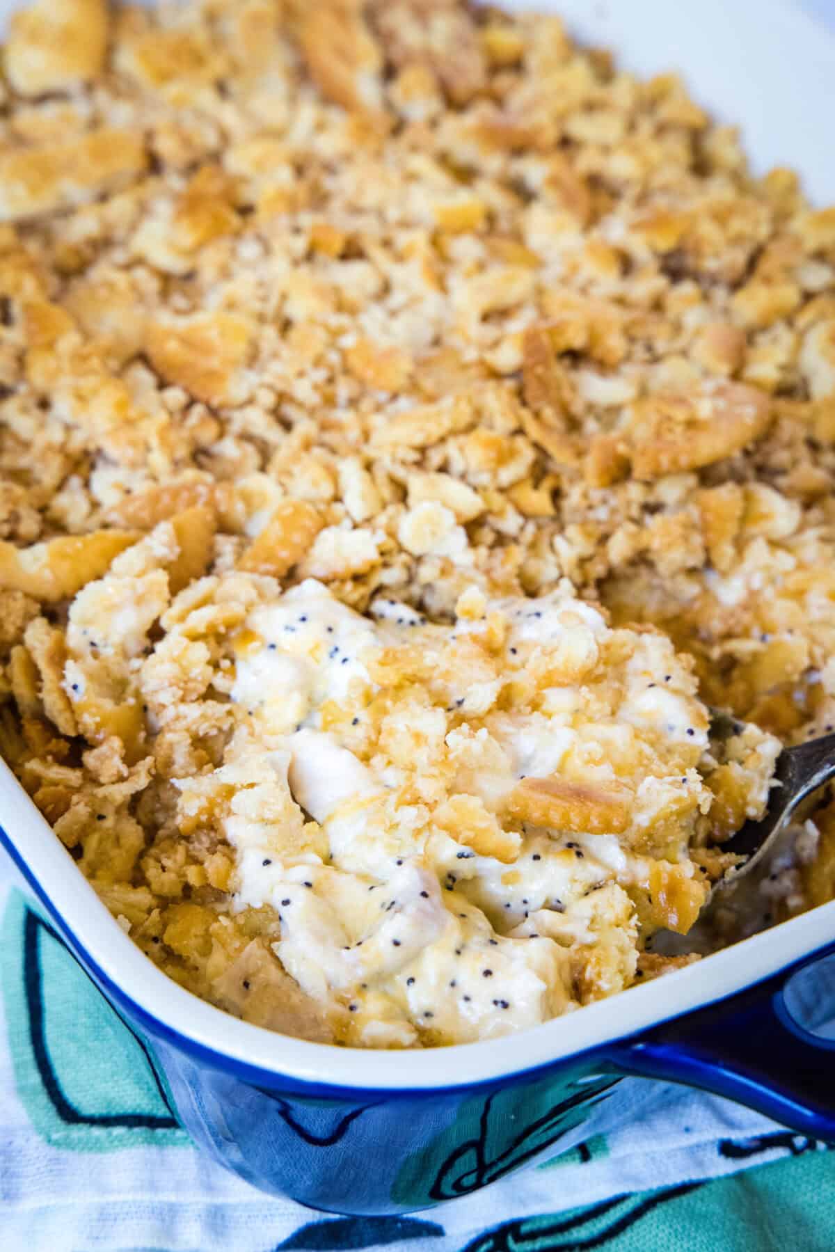 poppy seed chicken in baking dish
