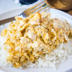 poppy seed chicken over rice on a white plate