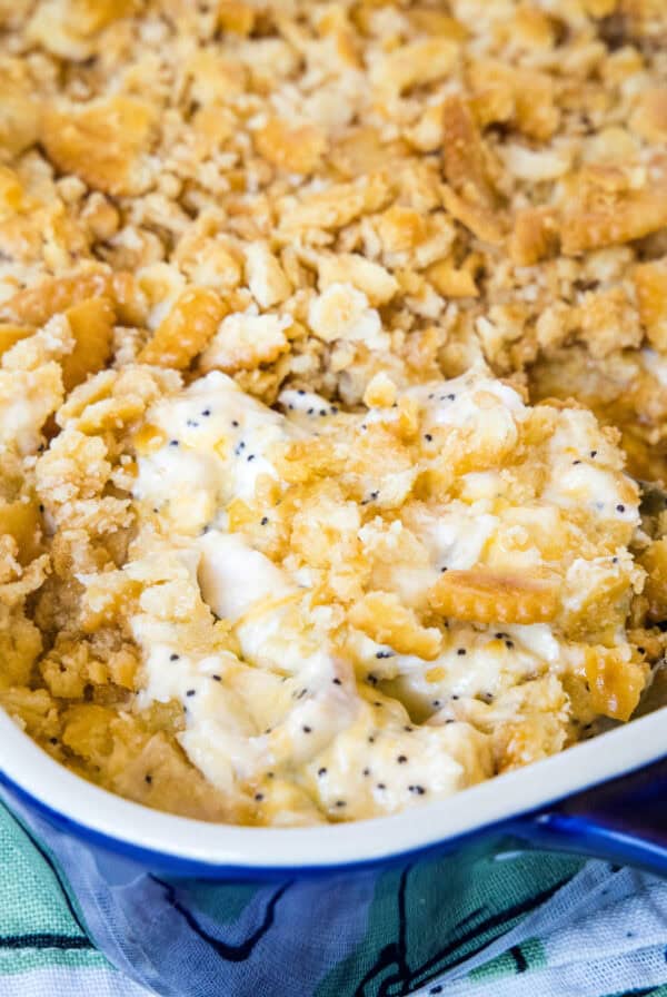 poppy seed chicken in baking dish