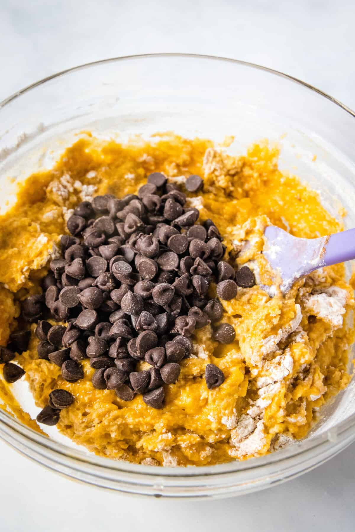 adding chocolate chips to batter