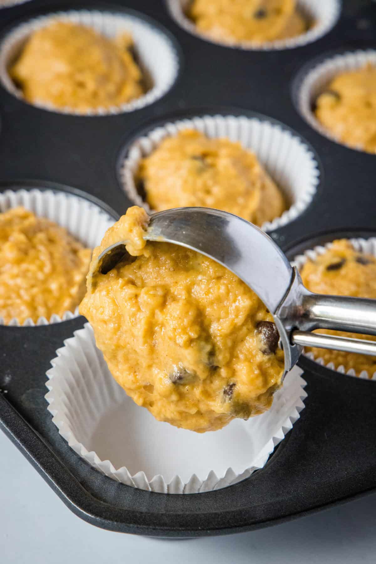 scooping pumpkin chocolate chip muffin batter into pan