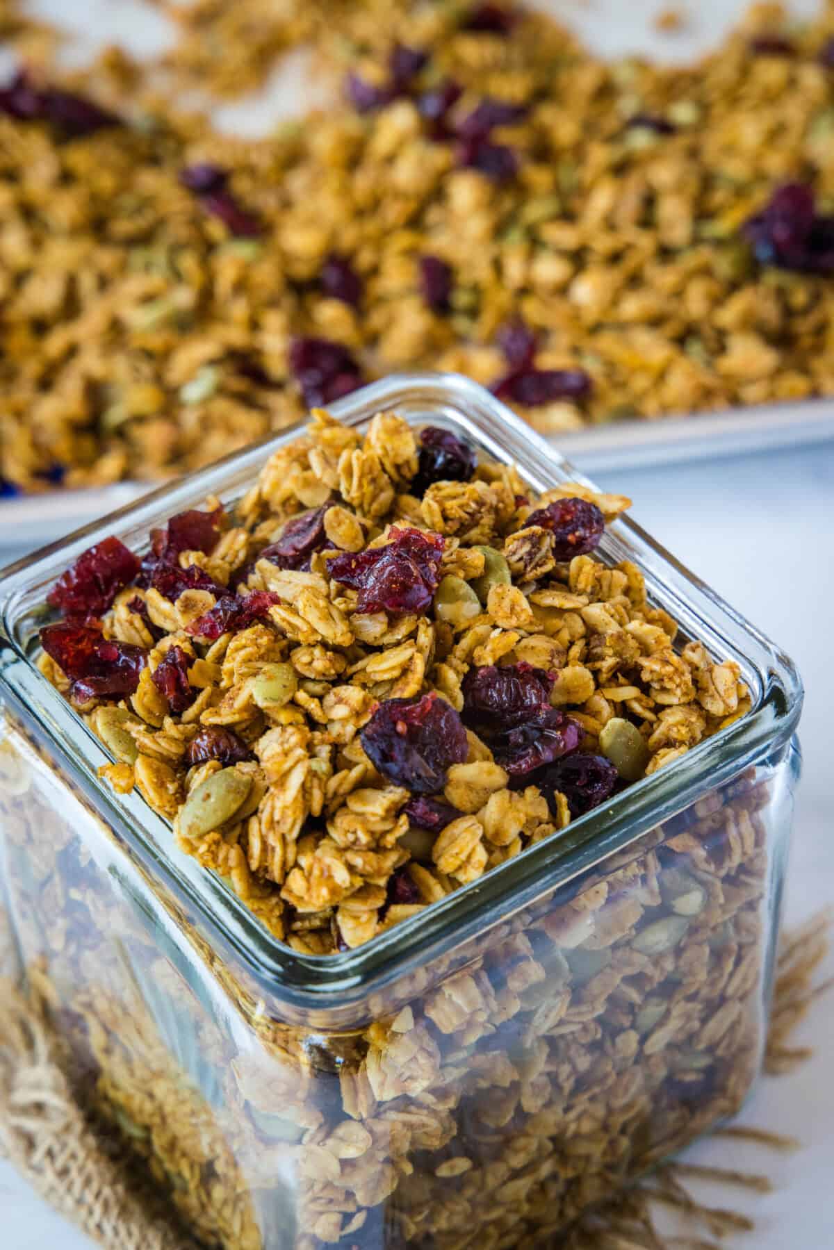 looking down on a jar of pumpkin granola