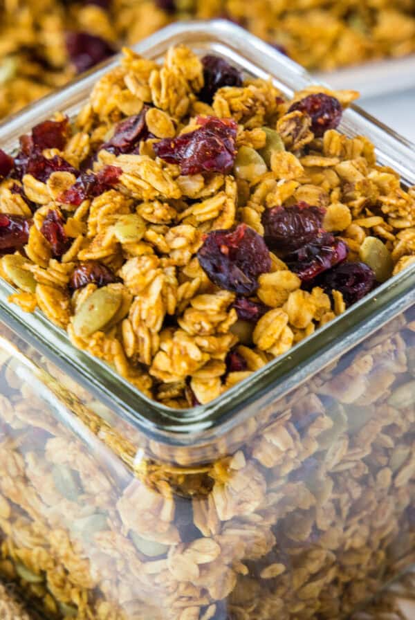pumpkin granola close up in a jar