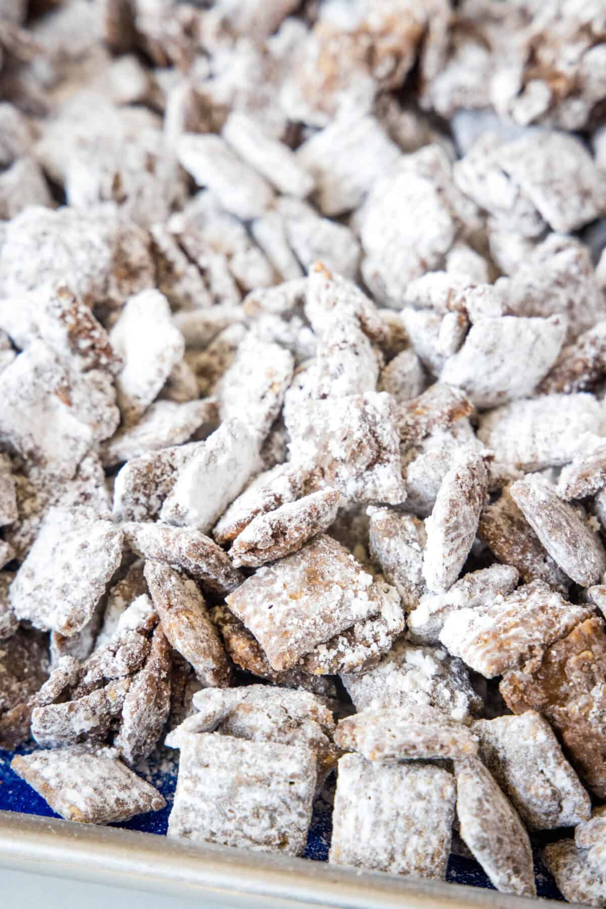close up puppy chow on baking tray