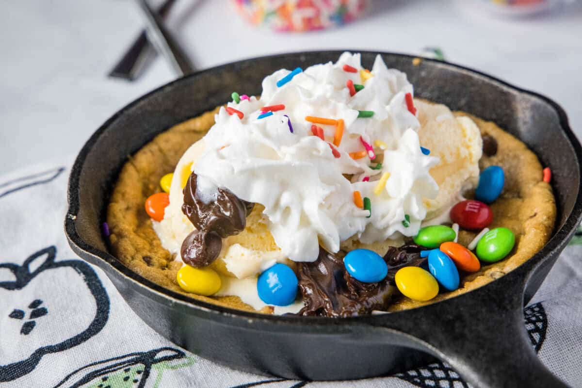 skillet cookie with whipped cream and toppings