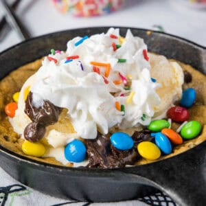 skillet cookie with whipped cream and toppings