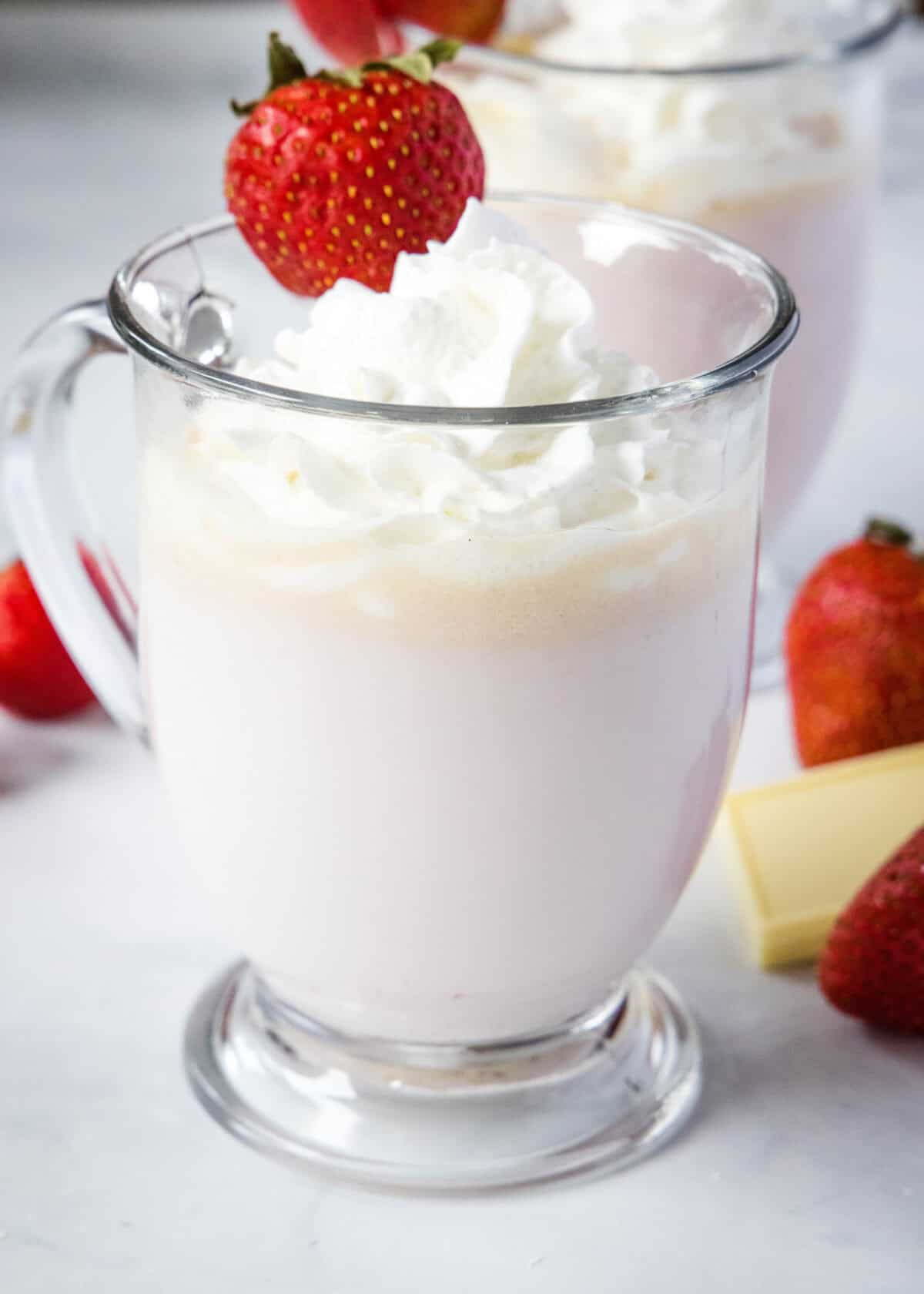 pink strawberry hot chocolate in a mug