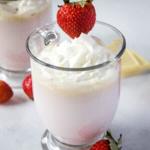 cropped close up strawberry hot chocolate in a mug