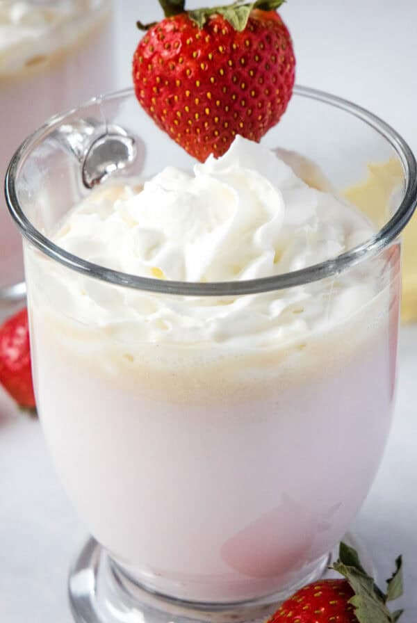 cropped close up strawberry hot chocolate in a mug