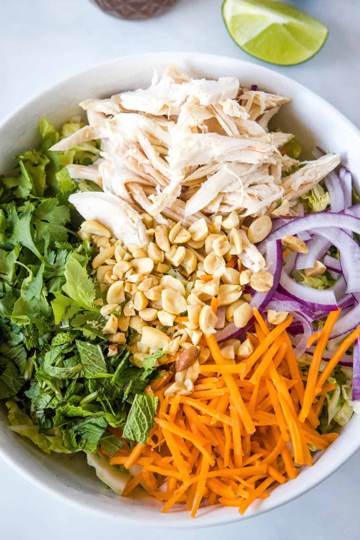 looking down on mixing bowl with vietnaemese chicken salad ingredients