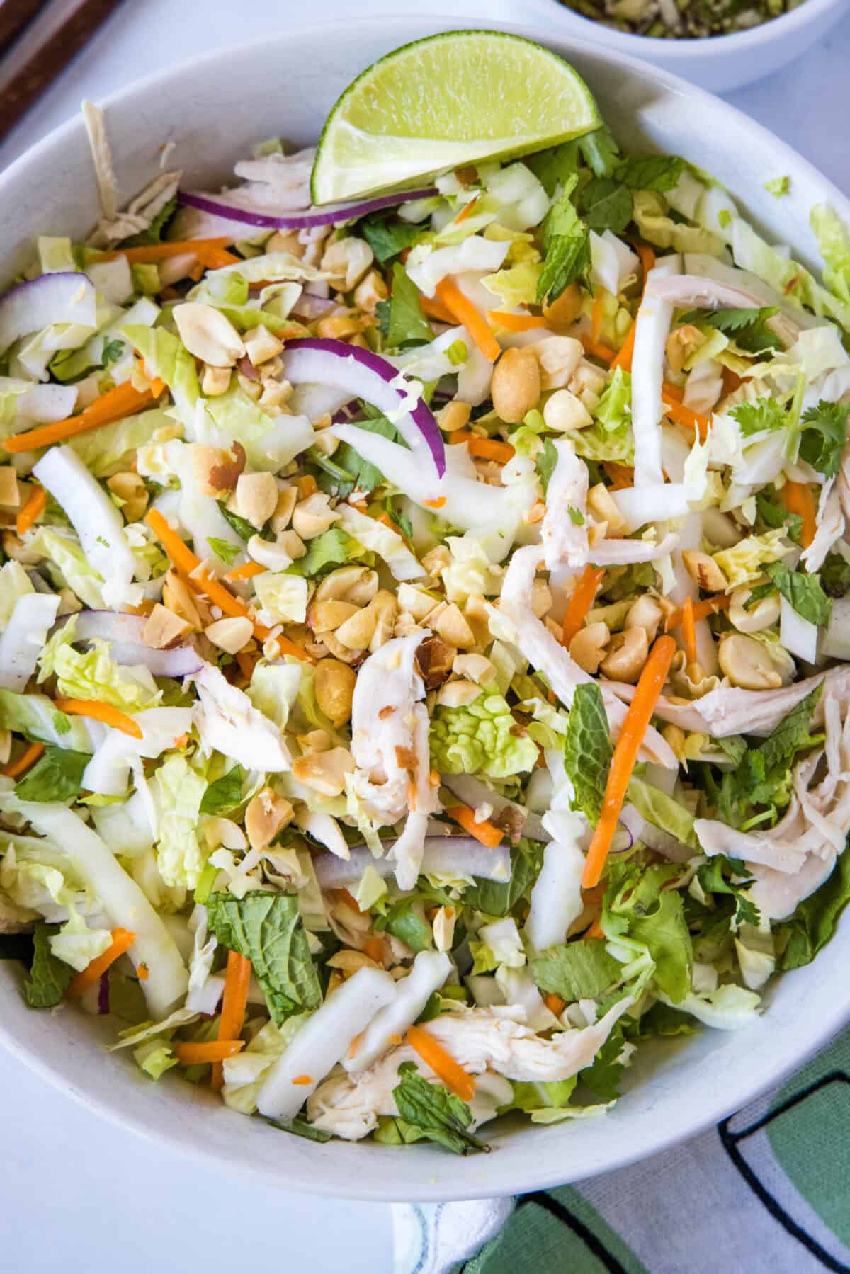 looking down on serving bowl of vietnamese chicken salad