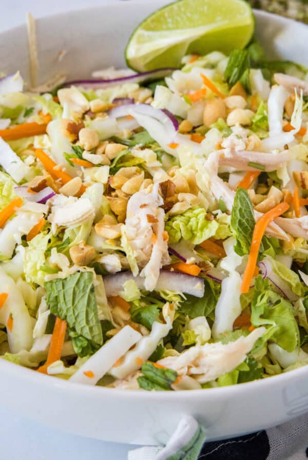 cropped close up vietnamese chicken salad in a serving bowl