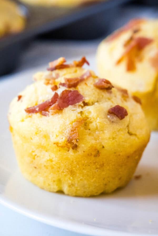 close up bacon corn muffins on a plate