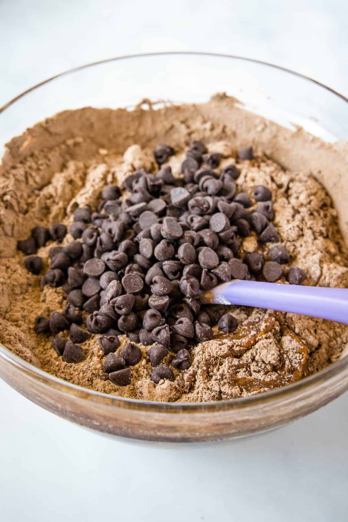 adding chocolate chips to mixing bowl