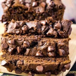 slices chocolate pumpkin bread close up