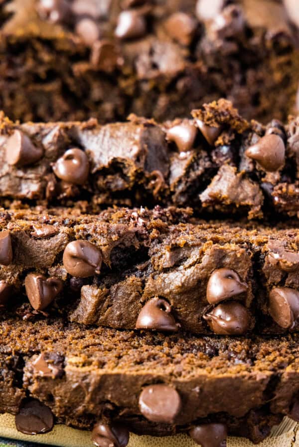 slices chocolate pumpkin bread close up