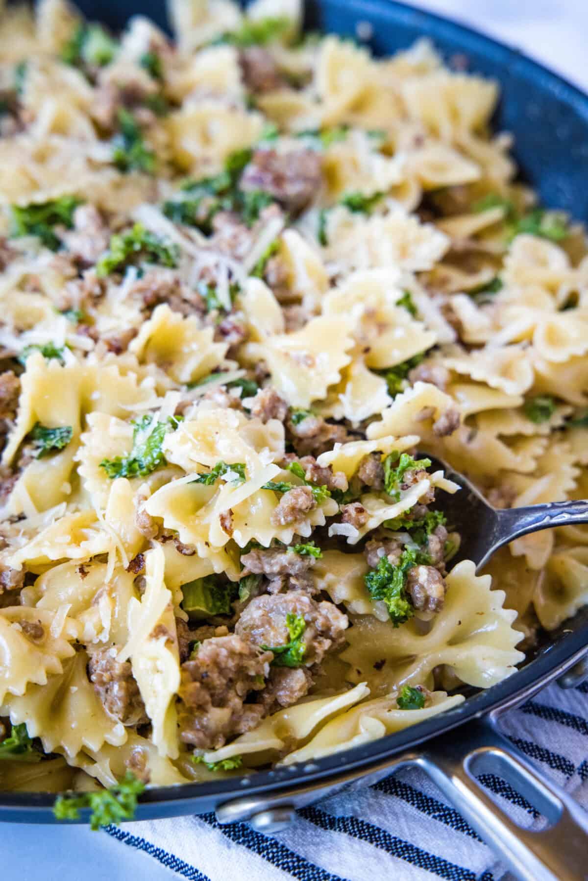 Spaghetti with Kale and Sausage sausage kale pasta in skillet