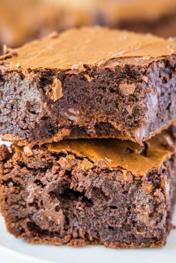 brown butter brownies staked on a plate