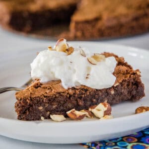 chocolate hazelnut cake sliced on plate with whipped cream