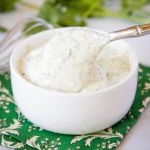 close up cilantro lime crema in a bowl