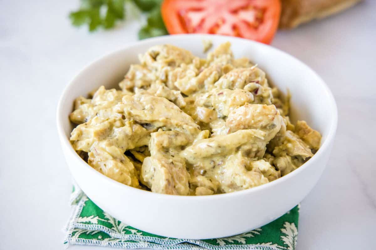 pesto chicken salad in a bowl