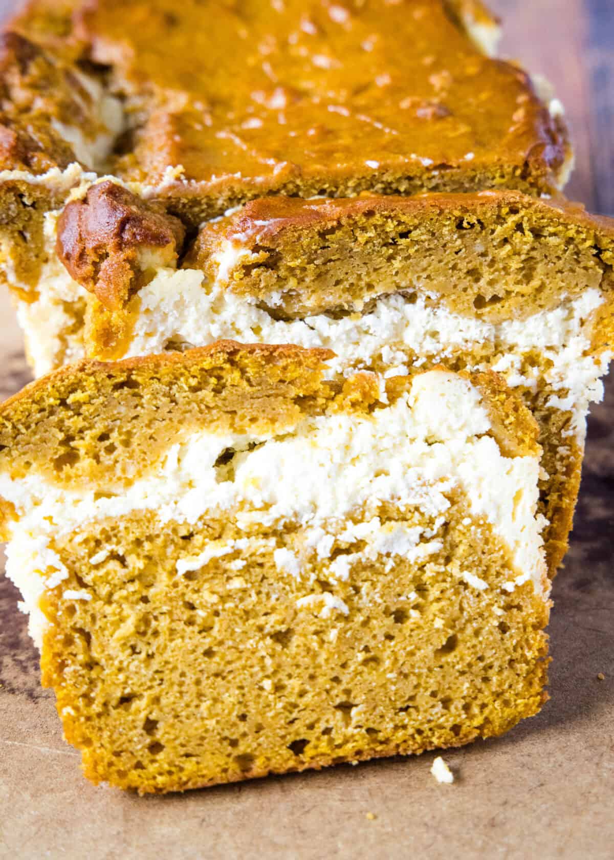 pumpkin cream cheese bread on cutting board